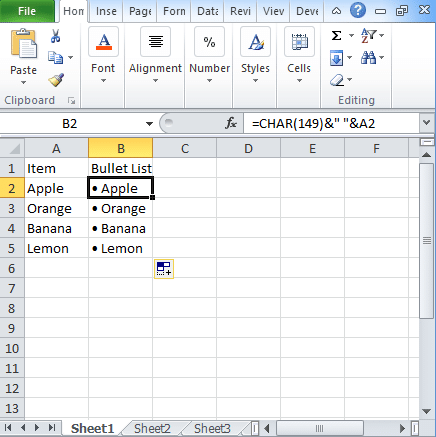 Add Bullets in Excel