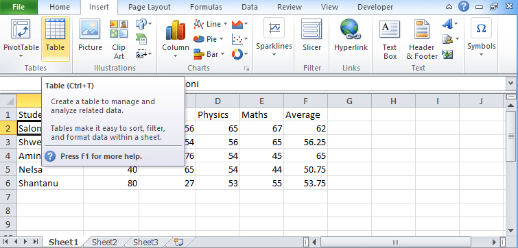 Excel table 1
