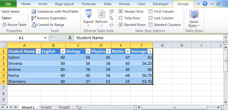 Excel table 3