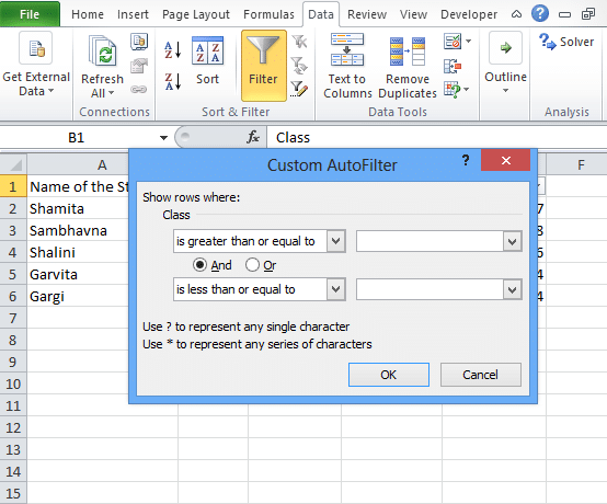 Filtering in excel 2