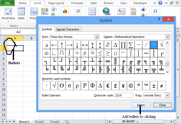 bullets in excel 2