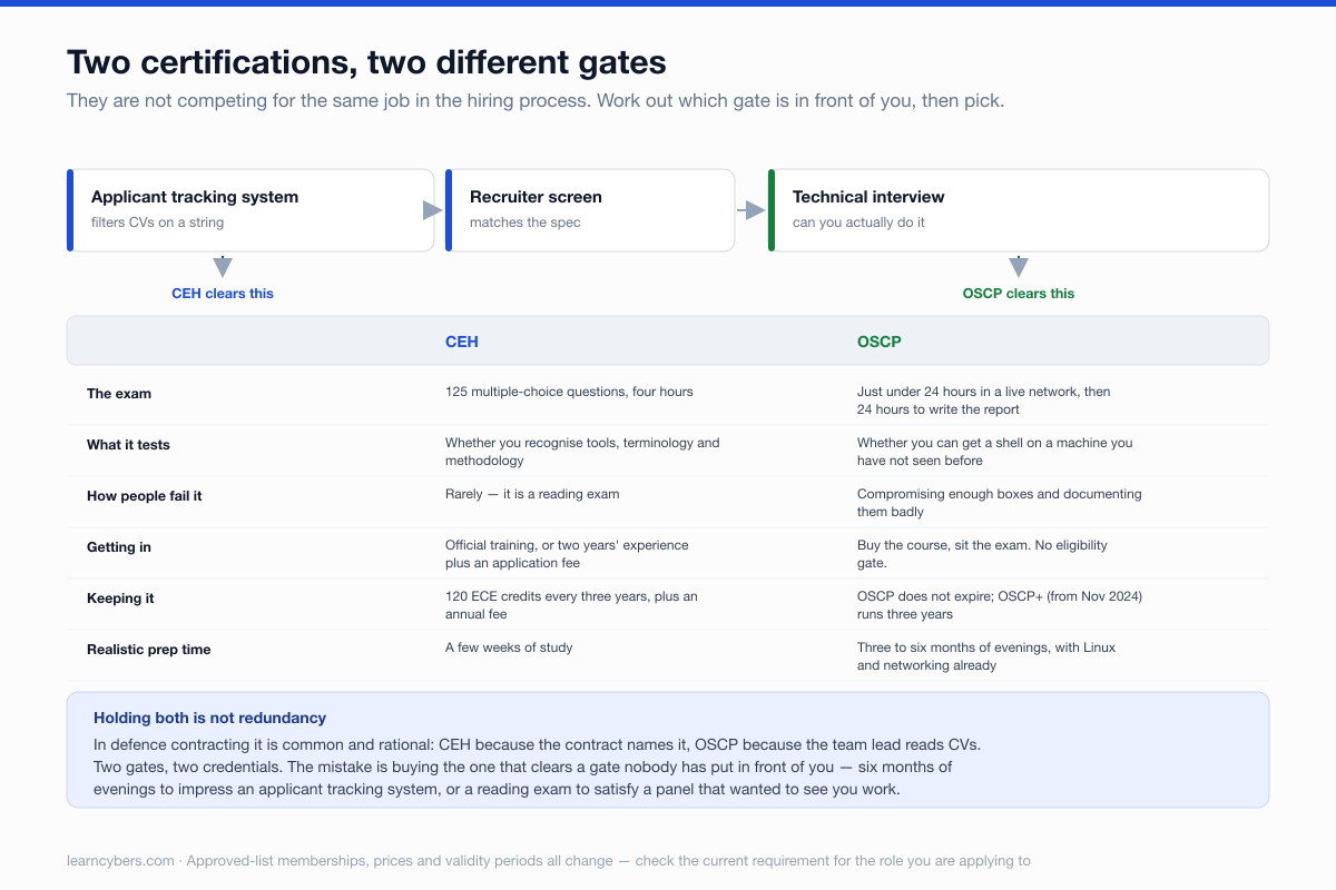A hiring funnel across the top — applicant tracking system, recruiter screen, technical interview — with CEH marked as clearing the first gate and OSCP the last. Below, a six-row comparison: CEH is 125 multiple-choice questions in four hours testing recognition of tools and methodology, needs official training or two years' experience to sit, and requires 120 ECE credits every three years. OSCP is just under 24 hours in a live network plus 24 hours of reporting, tests whether you can get a shell on an unfamiliar machine, has no eligibility gate, and does not expire, though OSCP+ from November 2024 runs three years.