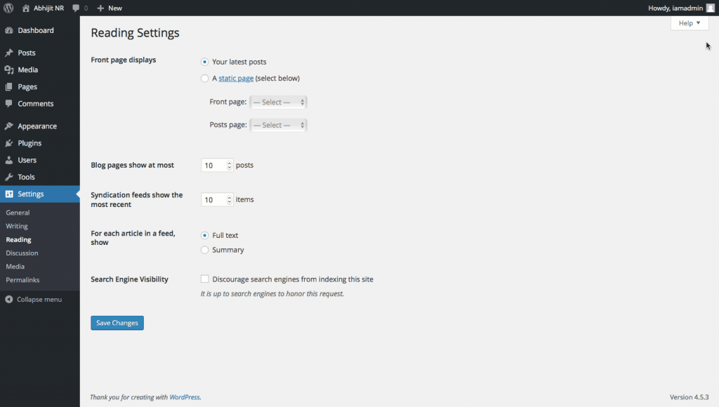 reading settings page