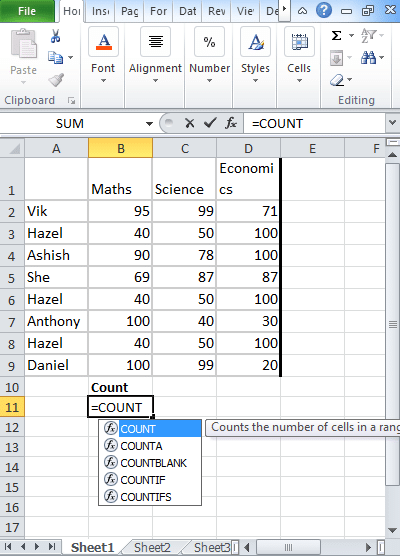Excel Count, CountA, CountBlank, CountIf, CountIfs functions