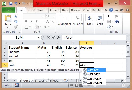 How to calculate Sum and Average of numbers using formulas in MS