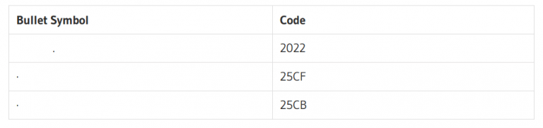 shortcut for bullet points ms word